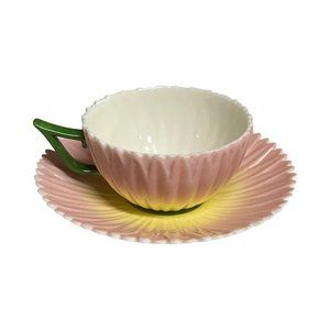 Laura Ashley Porcelain Tea Cup + Saucer‎ Set Pale Pink Yellow Flower Scalloped